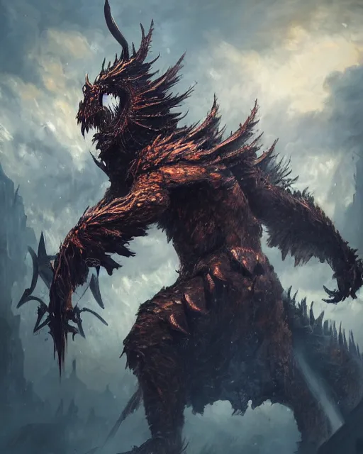 Image similar to oil painting of Angry Anthropomorphized Dragon Berserker, wearing fur armor, claws, sharp focus, attack pose, fantasy style, octane render, volumetric lighting, 8k high definition, by greg rutkowski, highly detailed, trending on art Station, magic the gathering artwork, burning Battlefield background, centered