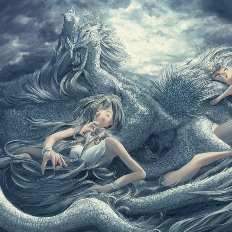 Prompt: a hyper detailed big render that beautiful princess lie on the ground be surrounded in the white clouds fairyland center by a huge silver white dragon, finely detailed angelic face, style of studio ghibli, makoto shinkai, xision, ilya kuvshinov and artgerm, kazuki tanahashi, james jean, animation style, golden curve composition, telephoto lens