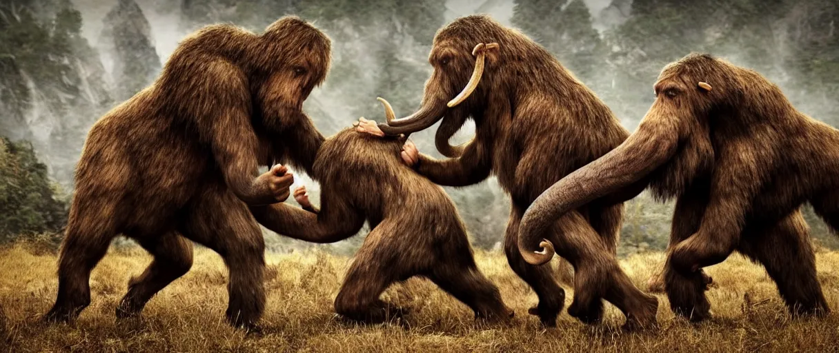 Prompt: 1 5 0 neanderthal people fighting againts one mammoth, perfect dynamic posture, perfect dynamic environment, perfect dynamic body form, perfect dynamic pose, trending pinterest, perfect dynamic position, award winning photo by national geographic, and pulittzer winner, realistic, bokeh, reduce duplication interference
