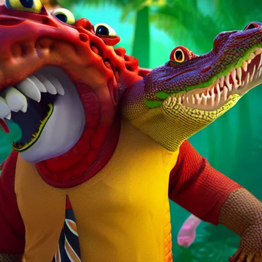 Image similar to 3 d render, anthropomorphic alligator, red scales on his back, yellow scale on his belly and chest, male, waring a hawaiian shirt, in the style of zootopia, hd, 4 k, high definition background