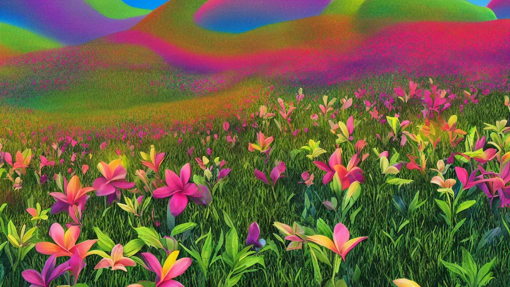 Image similar to digital illustration of a field of multi - colored megaflora frangipani flowers by dr. seuss, reimagined by ilm and beeple : 1 | spectral color, electric color, rolling hills : 0. 9 | fantasy : 0. 9 | unreal engine, deviantart, artstation, hd, 8 k resolution : 0. 8