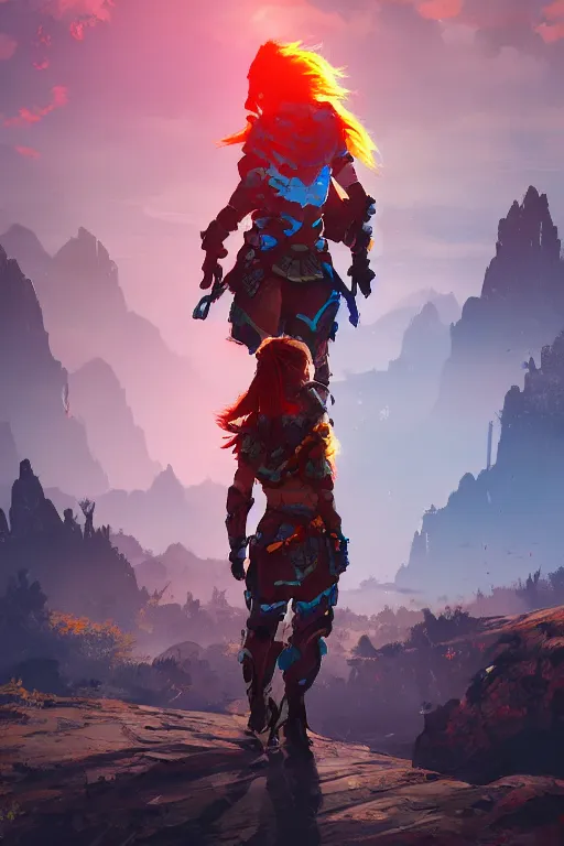 Image similar to combination suit armor aloy horizon forbidden west horizon zero dawn radiating a glowing aura global illumination ray tracing hdr fanart arstation by ian pesty and alena aenami artworks in 4 k tribal robot ninja mask helmet backpack