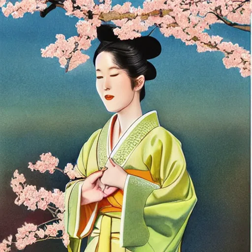 Prompt: A beautiful performance art of a young woman in a traditional kimono, with a background of sakura blossoms. comic book art, apricot by Arthur Boyd, by Glen Fabry