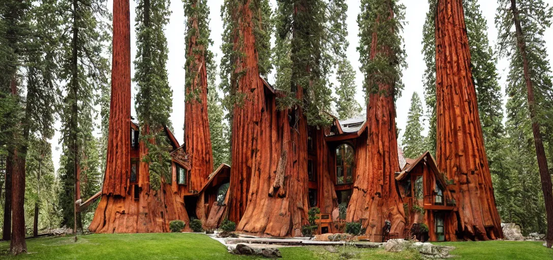 Prompt: house built into a giant sequoia