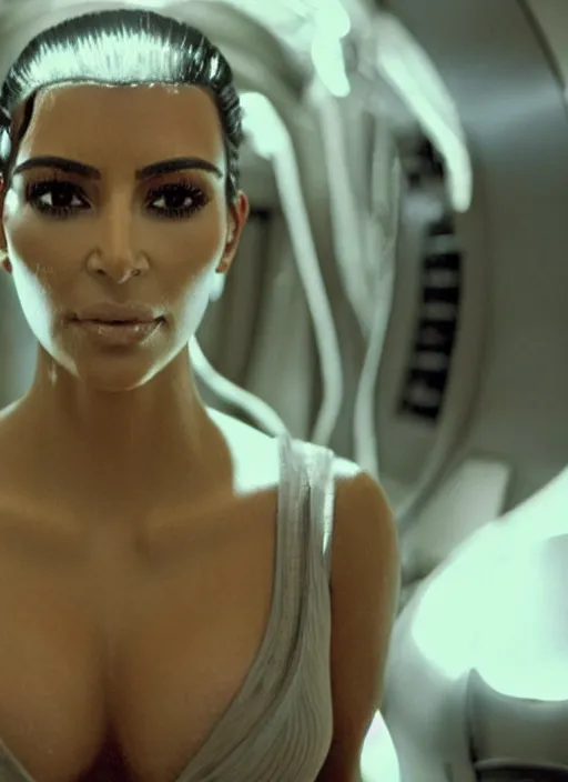 Image similar to movie still of kim kardashian wearing a alien facehugger mask, in the movie alien. cinematic full shot.