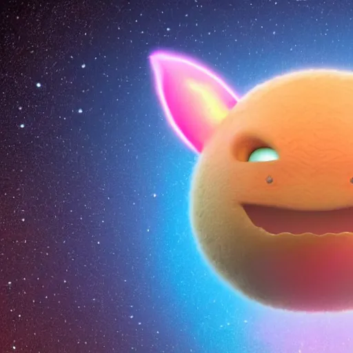 Image similar to an alien with a face that looks like a fuzzy peach the peach is fuzzy pink warm and ripe the alien has horns and a mean smile, 4k, highly detailed, high quality, amazing, high particle effects, glowing, majestic