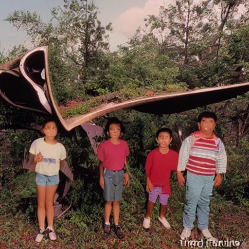 Image similar to a group of kids in the 1990’s find a fallen spaceship. Wide angle lens. 85mm lens. Award winning photograph.