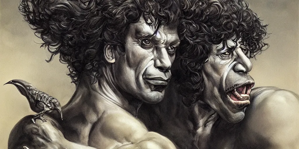 Prompt: Chimera of Joe Rogan and Howard Stern in the style of Boris Vallejo, portrait, intricate, highly detailed, concept art, smooth, sharp focus