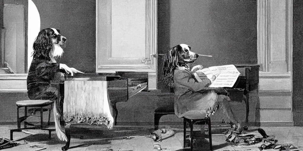 Prompt: sprocker Spaniel playing piano with a Martini on the side, illustration, b&w