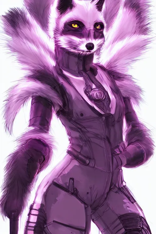 Image similar to a cyberpunk anthropomorphic fox with a fluffy tail, comic art, trending on furaffinity, cartoon, kawaii, backlighting, furry art!!!, neon, concept art