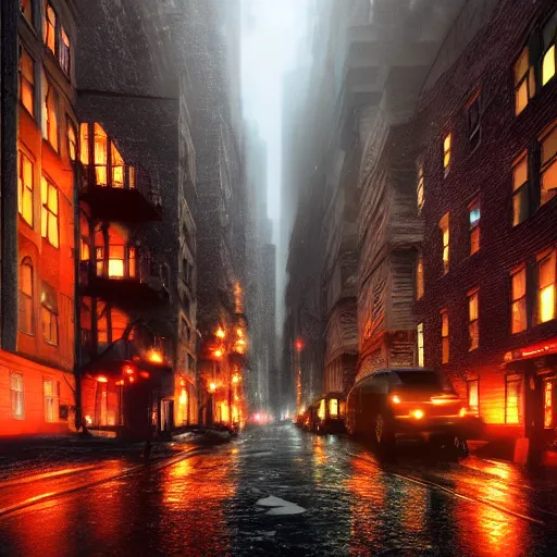 Image similar to Overview of the back alley of New York by night, under heavy rain. buildings, fire escape ladders. Hardboiled. Noir. Cinematic, hyper realistic, 3D, hyper detailed, ambient lighting, bright pastel color