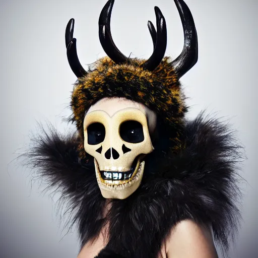 Image similar to a photographic portrait of a anthropomorphic norse mythology mimosa, wearing furry clothes and artifact head gear made of deer horn and skull bones embaded with jewels in the style of heilung an experimental folk music band, elegant, highly detailed, hyper realism, 4k, DSLR, artstation, smooth, sharp focus, octane render, 3d, good clear quality, lighting, biology, symmetrical artwork, perfect face, high detail, octane render