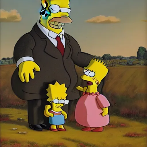 Image similar to oil on canvas painting the simpsons in the style of gustave courbet [ 1 8 6 6 ], 2 d, ue 5, 8 k, 4 k