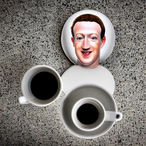 Prompt: Mark Zuckerberg as a holding a cup coaster EOS-1D, f/1.4, ISO 200, 1/160s, 8K, RAW, unedited, symmetrical balance, in-frame, Photoshop, Nvidia, Topaz AI