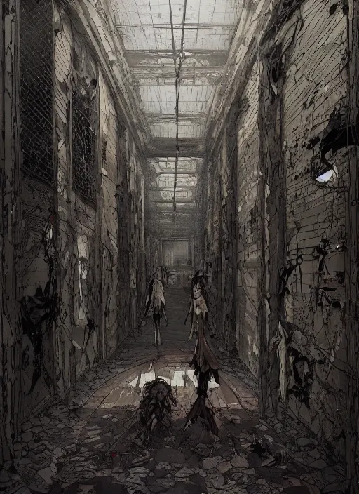 Prompt: interior of a haunted school corridor with ghots around, art style by kim jung gi karl marx greg rutkowski klimt and nixeu, au naturel, hyper detailed, digital art, trending in artstation, behance, deviantart, houdini