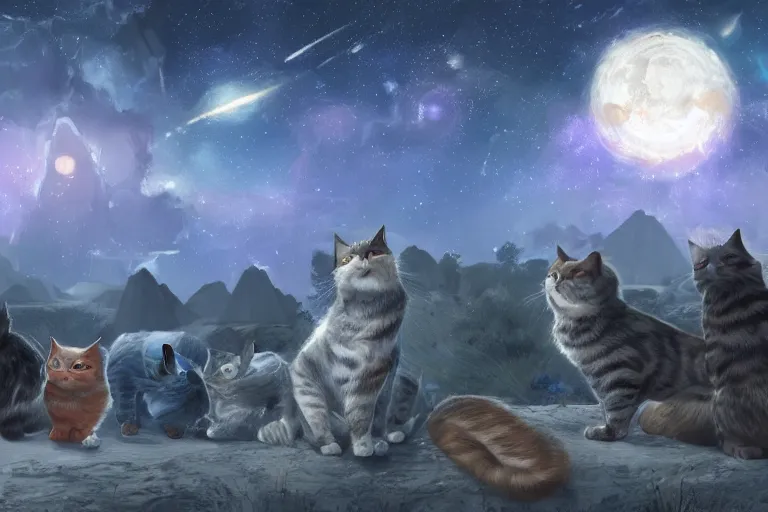 Image similar to night starry sky full of cats, unreal engine render concept art, by lous wain and and fernand toussaint