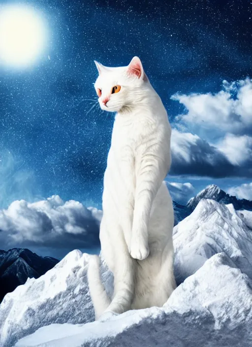 Image similar to giant white cat on a snowy mountain with lightning coming out of its hands, blue sky background with moon