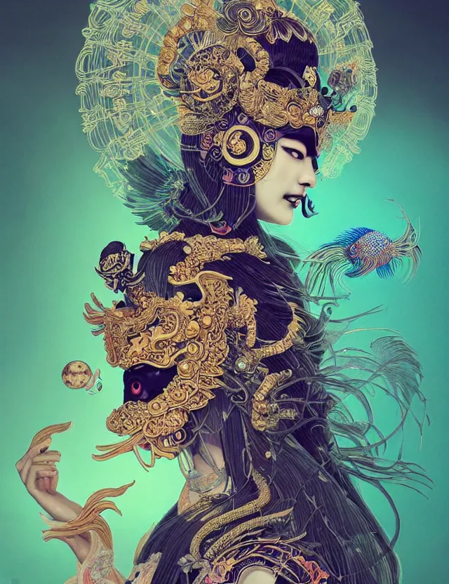 Image similar to goddess portrait with mask and crown made of ram skull. beautiful intricately detailed japanese crow kitsune mask and clasical japanese kimono. betta fish, jellyfish phoenix, bioluminescent, plasma, ice, water, wind, creature, super intricate ornaments artwork by tooth wu and wlop and beeple and greg rutkowski