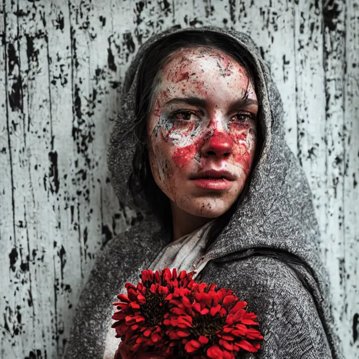 Image similar to a closeup portrait of a woman wearing a hooded cloak made of zinnias and barbed wire, in a derelict house, by Omar Z. Robles, natural light, detailed face, CANON Eos C300, ƒ1.8, 35mm, 8K, medium-format print