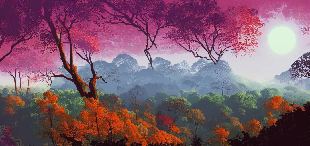 Prompt: a forested landscape, large hanging tree canopies, pink light on the horizon, mountains, vast foliage by eyvind earle, highly detailed, volumetric lighting