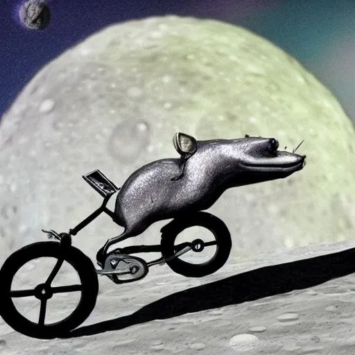 Image similar to a stainless steel bike, made of swiss cheese wheels, a cartoonish rat riding the bike on the surface of the moon and, photorealistic