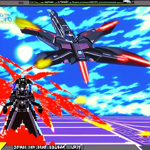 Prompt: ps 1 style videogame shmup arcade anime spaceship shooter 3 d epic bossfight, with hud elements