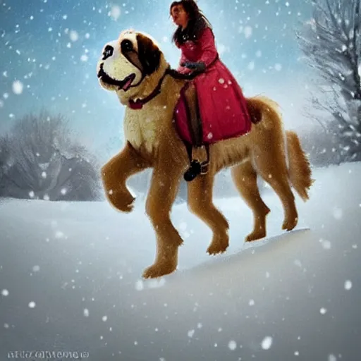 Image similar to girl riding giant saint bernard in the snow, trending on artstation