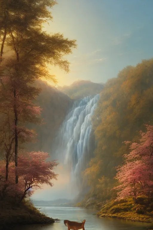 Image similar to the most beautiful panoramic landscape, oil painting, where a giant dreamy waterfall creates a river, the trees around are starting to bloom in pink color, a majestic deer is drinking water from the river and a ray light of the sunset is brightening him, by greg rutkowski