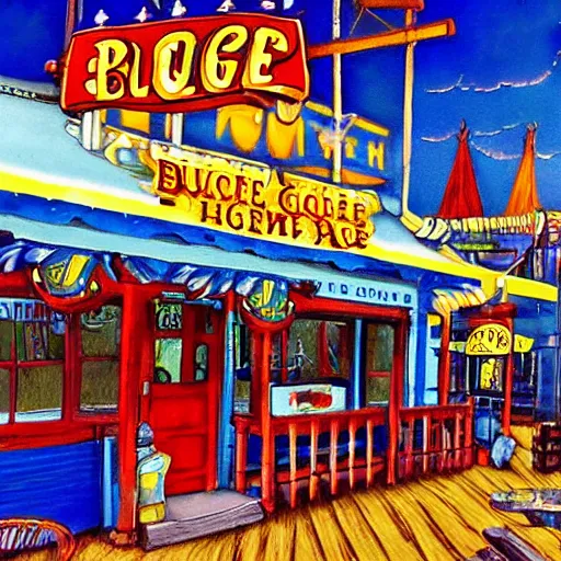 Image similar to the blue goose tavern. a big and famous roadside tavern. delicious fried pudding with sweet liquor is served here. fantasy art, high details