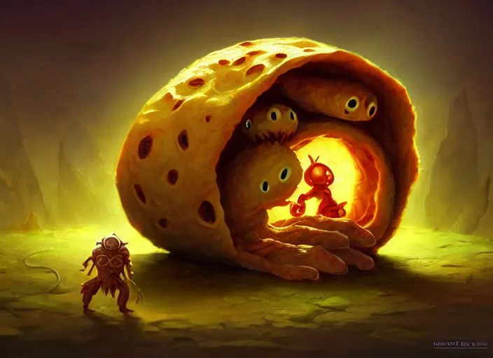 Prompt: a tortilla creature, a group of travelers are trapped inside the tortilla, by marco bucci and frank frazetta, style of magic the gathering, high resolution, fantasy coloring, intricate, digital painting, artstation, smooth, sharp focus