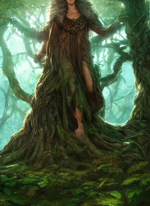 Prompt: an elder druid resting upon a large magical tree, dramatic lighting, wonderful shading, realistic perfect face, concept art, dynamic pose, digital illustration, trending on artstation, intricate details, epic composition, sharp focus, 8 k uhd, masterpiece, wlop, ross draws