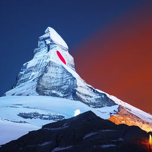 Prompt: illumination of the matterhorn in the colors of indian flag, projected illuminated on the matterhorn mountain at night