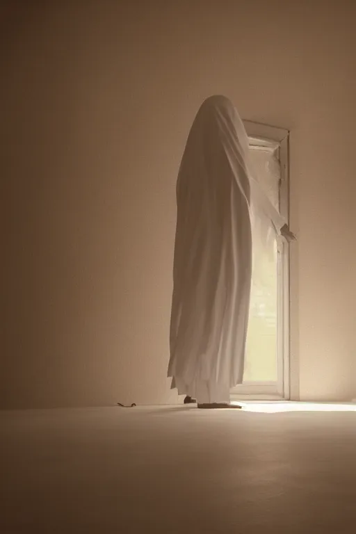 Prompt: a beautiful hyperrealistic clean 3d render of a bedsheet ghost standing in an empty house, gigantic, octane render, brilliantly coloured, intricate, ultra wide angle, trending on artstation, dusk, volumetric lighting, polished, micro details, ray tracing, 8k