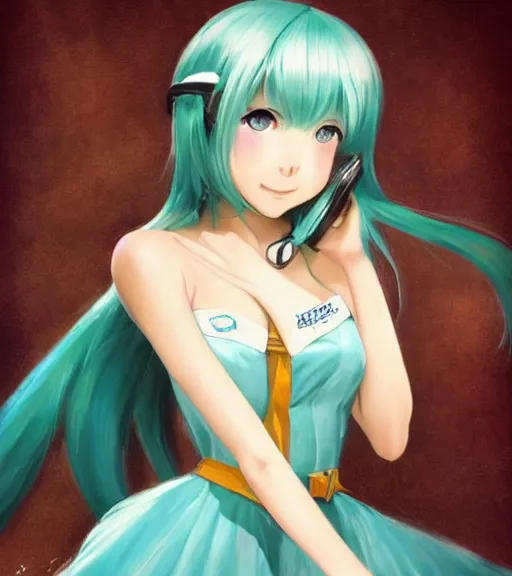 Prompt: Anime art very beautiful Hatsune miku by Gil Elvgren, Vladimir Volegov, Earl Moran, Enoch Bolles, symmetrical shoulders, long hair, smiling, cute nose