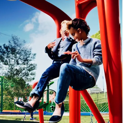 Image similar to an editorial shoot for Vogue featuring Male models sitting on playground swings, cute, harmless, silly