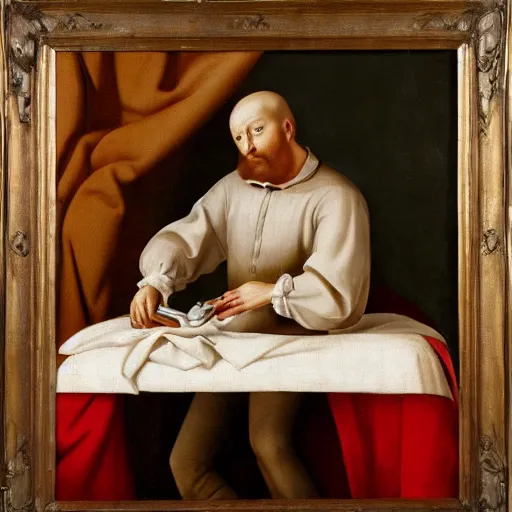 Image similar to a happy man ironing his collar shirt on a bed, renaissance, oil painting