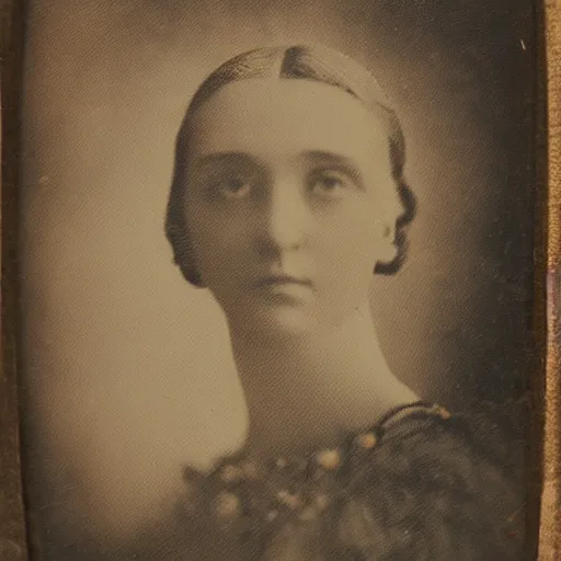 Prompt: antique photograph of a beautiful woman, cracked and faded photo paper, staring at the camera, headshot, dark background, 1 8 5 0, low light, dark, monsters in the backgroud 4 k