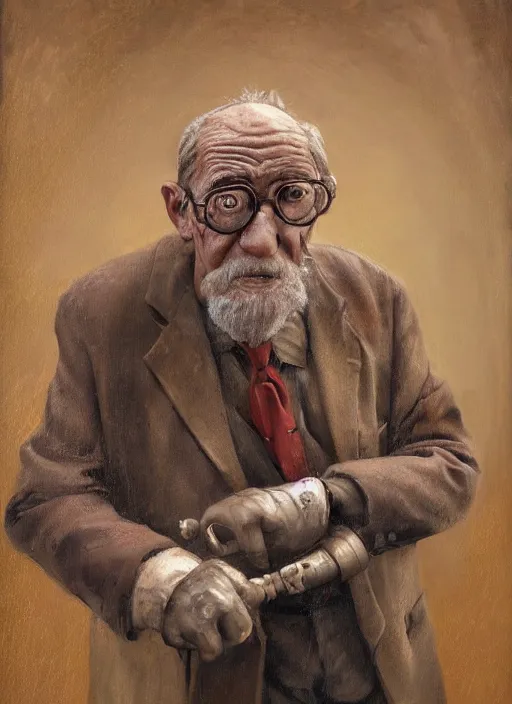 Prompt: concept art oil painting of and Old man by Jama Jurabaev, Robot Arm, Monocle, no glasses, Bust Portrait, Steam Punk, Wearing a worn out brown suit, extremely detailed, brush hard, brush strokes, Dorothea Lange, Migrant Mother, artstation