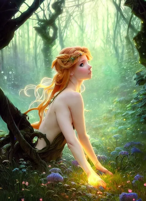 Image similar to full body picture of a fairy in the magical forest, looking at the camera curiously, glowing hair, dramatic pose, beautiful and aesthetic, intricate, highly detailed, detailed face, smooth, sharp focus, chiaroscuro, artgerm, greg rutkowski, ilya kuvshinov, rossdraws, alphonse mucha, fantasy light novel cover art