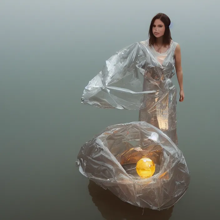 Image similar to a closeup portrait of a woman wrapped in plastic, standing next to a levitating mylar orb, in a foggy lake, color photograph, by vincent desiderio, canon eos c 3 0 0, ƒ 1. 8, 3 5 mm, 8 k, medium - format print