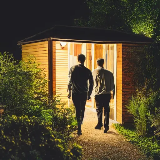 Image similar to A photo of two men in a garden at night walking towards a small wooden garden shed