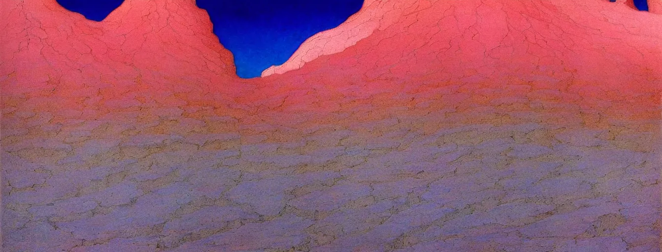 Image similar to a gorgeous desert painting of death valley by barlowe wayne maxfield parrish and marco mazzoni. tree no leaf!!!! china mountain village!! blue and very little light verdancy. the protruding pink clumps of rock. ultra clear detailed. 3 d, octane render. turbulent blood lake.