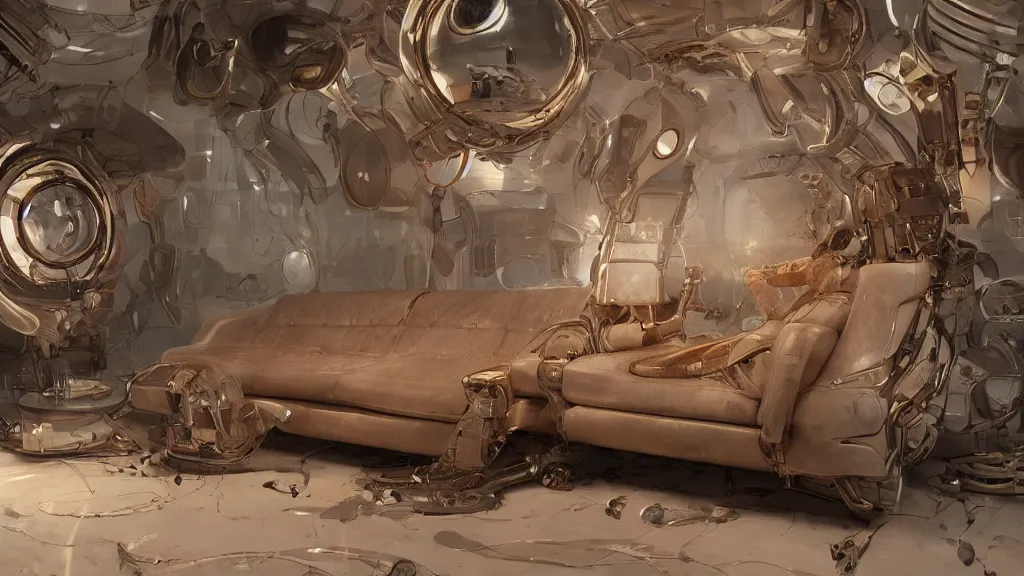 Image similar to a futuristic cozy leather couch, by wlop by jungyeonmin and james jean jhonseru jsezz artstation and greg rutkowski, with some wood and gold details, biomechanical, lens orbs, global illumination, lounge, volumetric lighting, granular detail, japandi, hyperrealist, micro details, blender, vray
