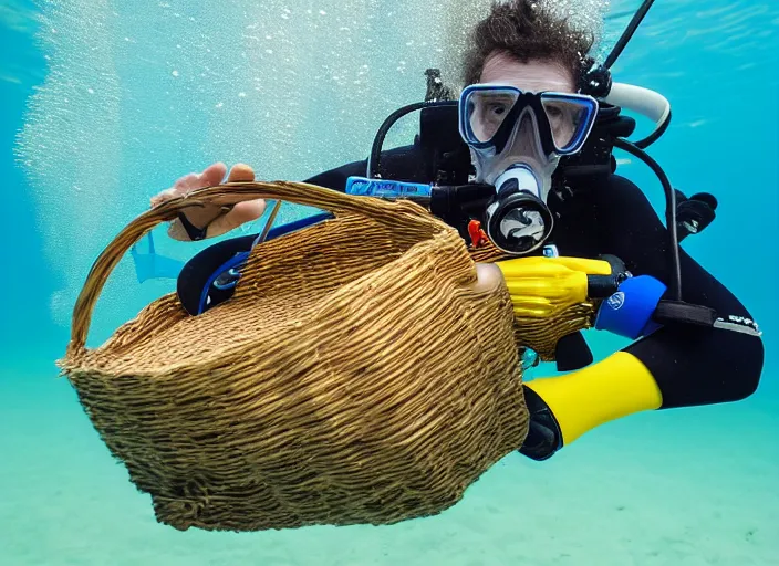 Prompt: underwater photo of scuba diver weaving a basket underwater, 8 k, 1 2 0 mm f 5. 6