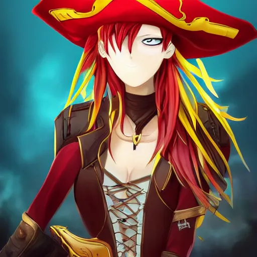 Image similar to advanced digital anime character art, female pirate captain with a yellow and a red eye , res brown hair wearing a corset and large pirate hat with feathers, RossDraws, WLOP, Sakimichan. —H 768