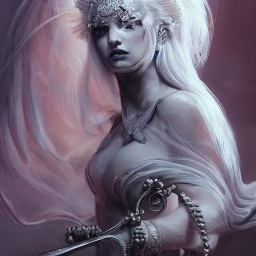 Image similar to female angel queen head portrait，white skin，beautiful，long hair，hyper details, black metal rococo, sculpted by Alex Alice, Craig Mullins, yoji shinkawa, trending on artstation, beautifully lit, Peter mohrbacher, hyper detailed, elite, elegant, luxury, ray of light through smoke, CGsociety, hypermaximalist, golden ratio, neofuture, volumetric, octane render, weta digital, micro details, 3d sculpture