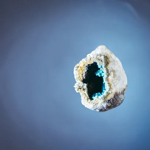 Prompt: photography of a geode with a a small body of an alien skellet inside it