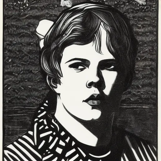 Prompt: Yung Lean, portrait, b&w, woodblock print, by Aubrey Beardsley