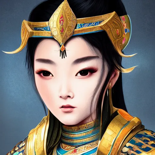 Image similar to ancient dynasty princess, dynasty warriors, cute face, 8 k beautiful, elegant, grafity, c 4 d, digital painting, smooth, concept art, in style of pan ren wei, aesthetic