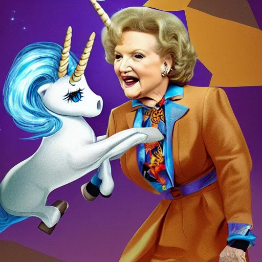 Prompt: betty white riding a unicorn